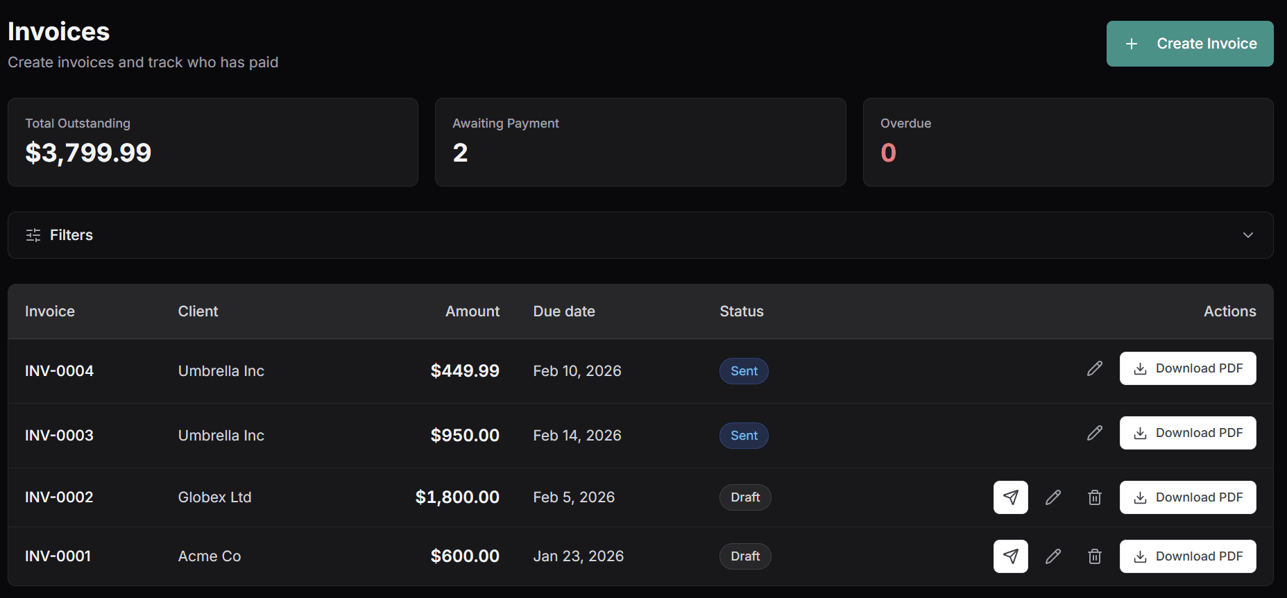 Invoice dashboard with status tracking and PDF downloads